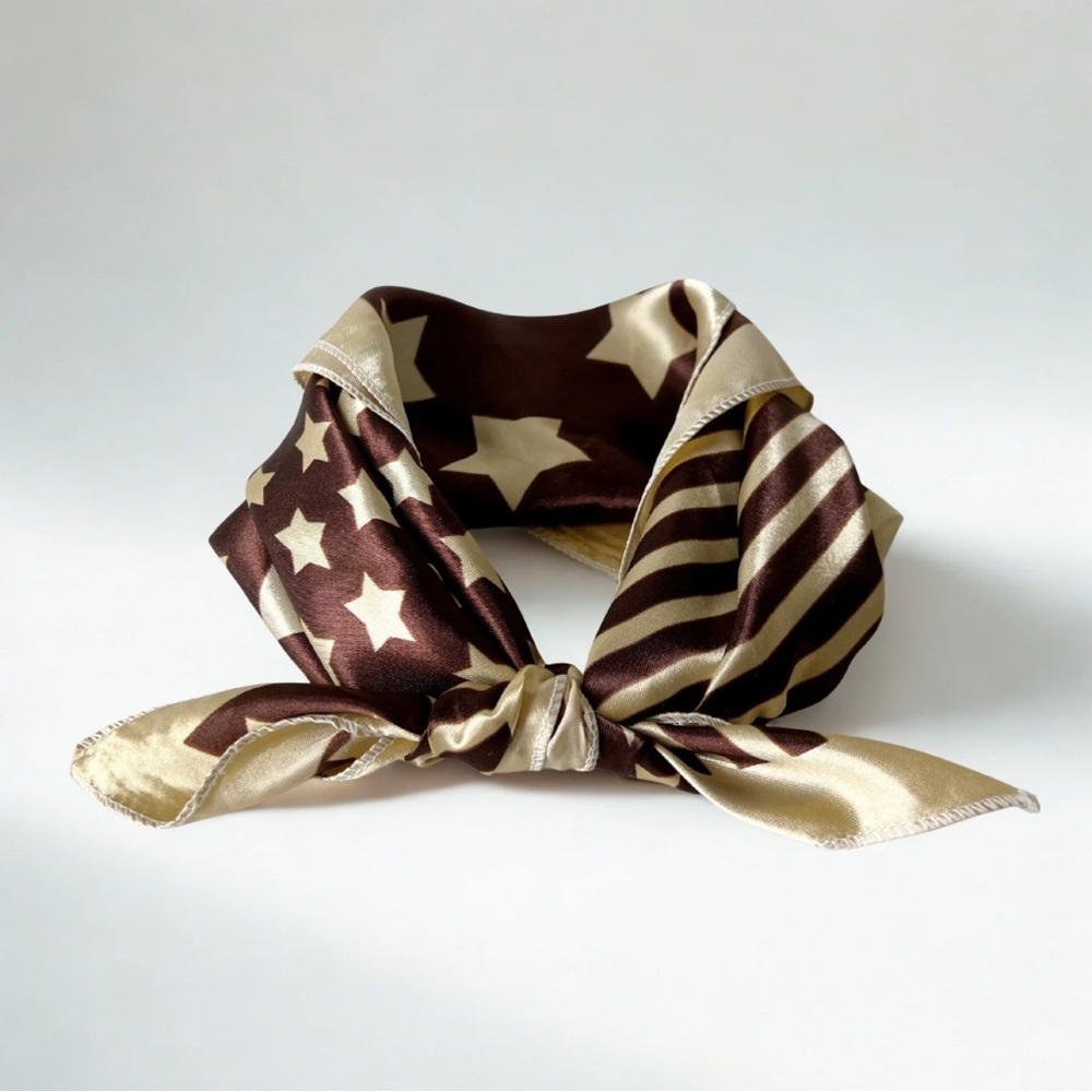 🇺🇸 Vintage Satin Star Stripe Scarf Brown Cream 20x20”